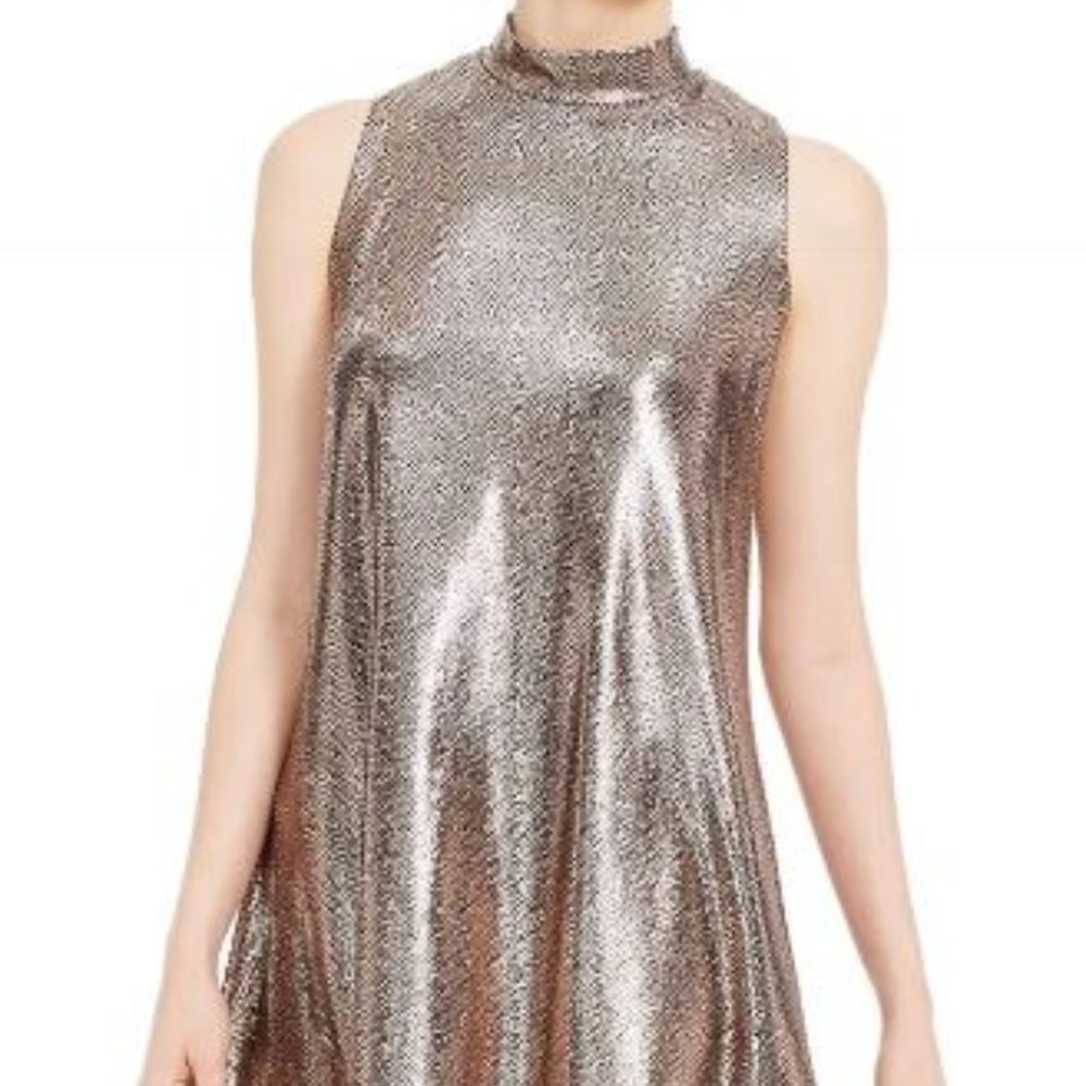 Robbie Bee Metallic Illusion Trapeze Dress Gold NWT Petite Medium